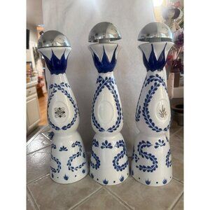 Clase Azul Tequila Bottle Trio Blue & White Ceramic With Silver Stopper 15" EMPT